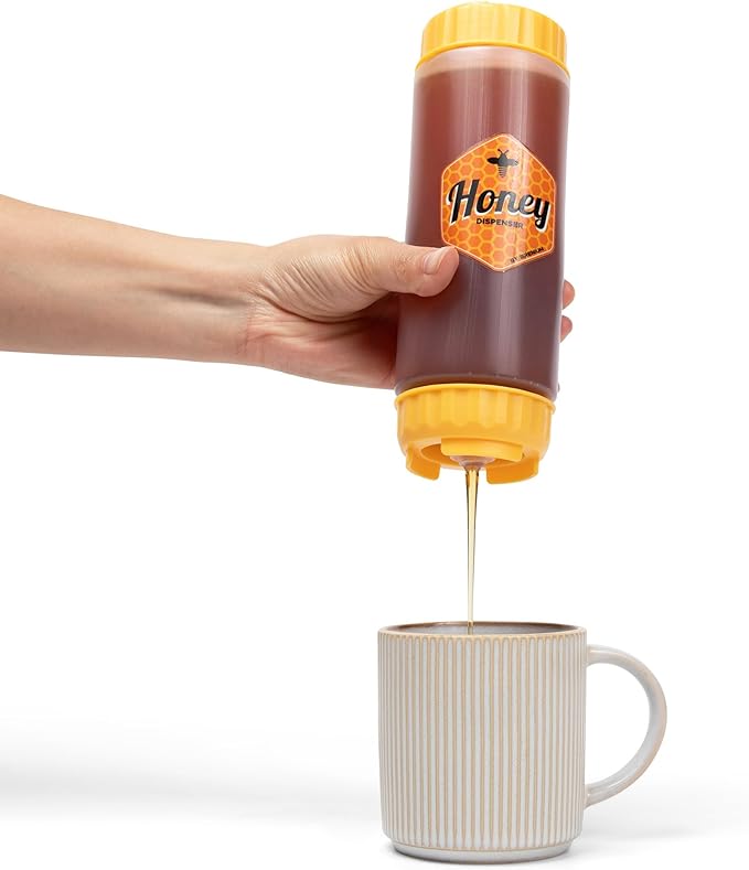 No‑Drip Honey Dispenser Bottle FIFO – 18 oz BPA-Free Squeeze Jar with Silicone Valve for Mess-Free Pouring – Refillable Honey Container for Syrup, Agave, Salad Dressing, Breakfast Use