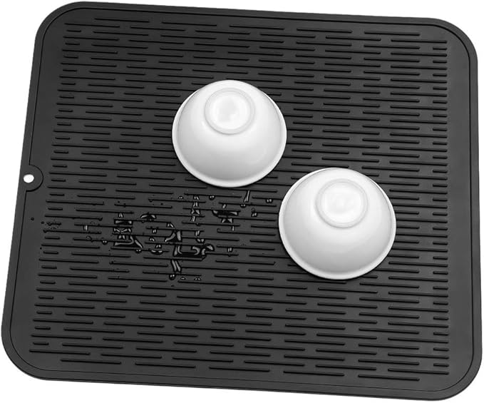 Silicone Dish Drying Mat for Multiple Usage,Easy clean,Eco-friendly,Heat-resistant Silicone Mat for Kitchen Counter or Sink,Refrigerator or Drawer Liner Black XL 18 inches x 16 inches