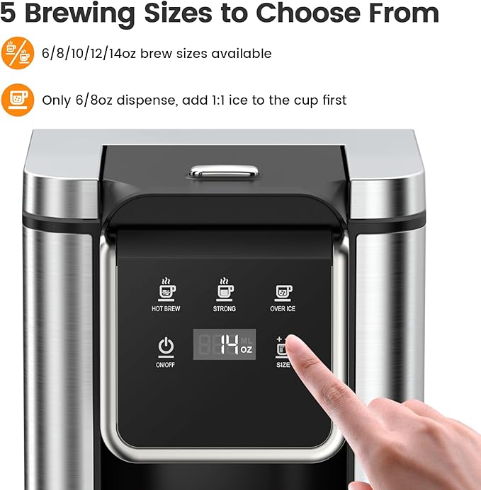 Single Serve Coffee Maker for K-Cup Pod and Grounds, Hot and Iced Coffee Maker, Strong Button Feature, 6 to 14oz Brew Sizes, 50oz Removable Reservoir, Up to 6.5 Inch Cup, Stainless Steel, Black