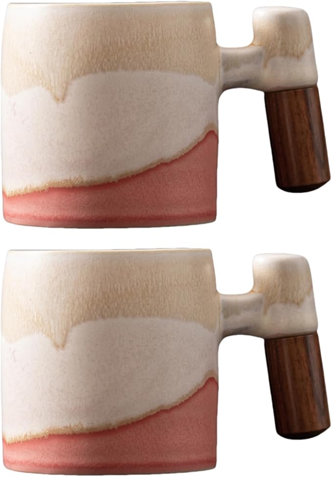 2-Oz Ceramic Espresso Cups with Wood Handle, 2/4-Piece Set for Coffee, Tea, Latte - Dishwasher Safe, Multi-Color & Wood Styles, Gift & Café Use (Kiln turning pink, Wooden Handle2)