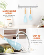 Cooking Spoon and Rice Scooper for Nonstick Cookwares, Great for Cooking and Serving Sturdy BPA-Free Matte Silicone, Wood Handle Spoon for Mixing, Scoop, and Scrape (BLUE)