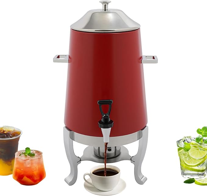 Coffee Urn with Fuel Holder 3.5 Gal/13L, Stainless Steel Beverage Dispenser Hot Drink Dispenser with Stand, Tea Water Coffee Chafer Urn for Parties Buffet Catering Commercial Home (Silver, Red)