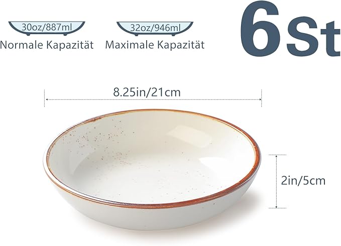 ONEMORE 30 Oz Porcelain Salad Pasta Bowls, Shallow & Wide Bowls Plates Set of 6, Large Ceramic Serving Bowls for Soup, Dessert, Pizza, Fruit. Microwave & Dishwasher Safe Kitchen Dinnerware, White