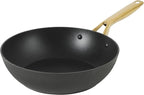Oster Platinum Abbottsford 11-Inch Matte Black Ceramic Nonstick Wok with Gold Stainless Steel Handle — Flat Bottom, Oven & Induction Safe