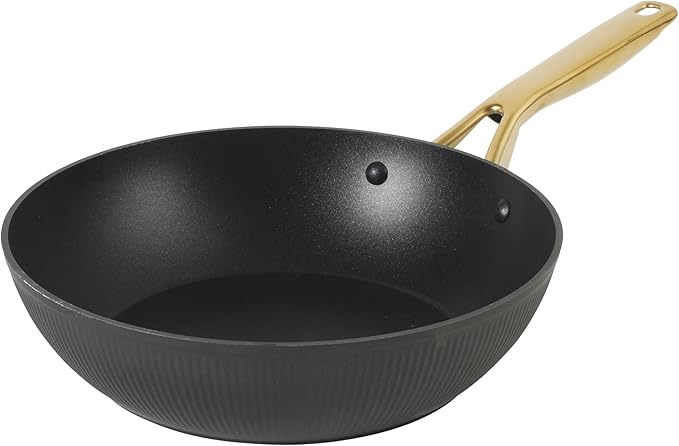Oster Platinum Abbottsford 11-Inch Matte Black Ceramic Nonstick Wok with Gold Stainless Steel Handle — Flat Bottom, Oven & Induction Safe