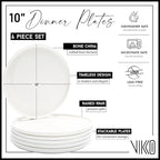 Vikko Dinner Plate, Set of 6 White Plates, Elegant Bone China with Raised Rim, Stackable 10 Inch Dinner Plates, Dishwasher Safe