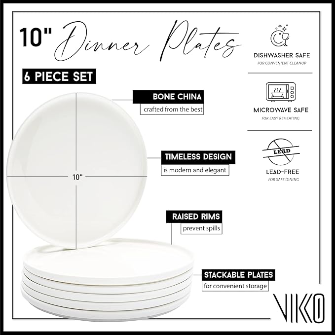 Vikko Dinner Plate, Set of 6 White Plates, Elegant Bone China with Raised Rim, Stackable 10 Inch Dinner Plates, Dishwasher Safe