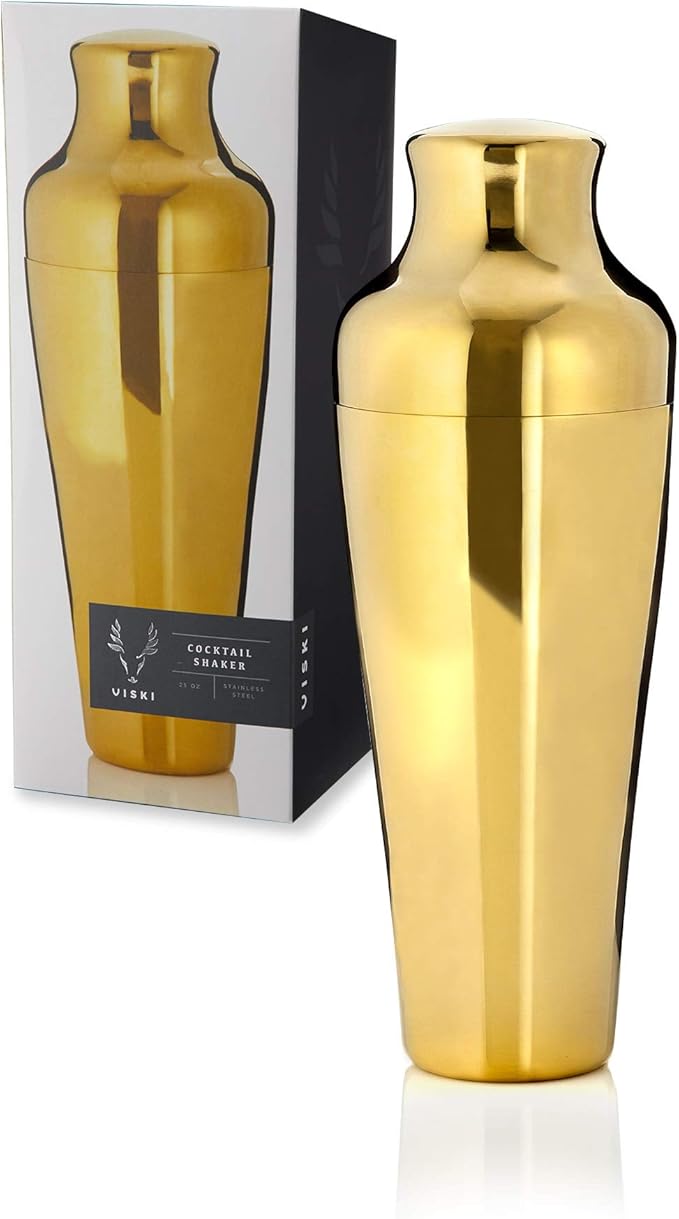 Viski Parisian Cocktail Shaker for Cold Brew Cocktails, Margarita, Espresso Martini, Contoured High Shine Polished Stainless Steel Martini Shaker, Home Bar, Bartender Gifts, 25 oz, Set of 1, Gold