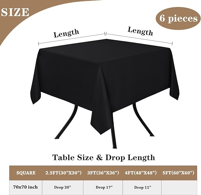 Fitable 6 Pack Black Square Tablecloths - 70 x 70 Inches - Stain Resistant and Reusable Table Clothes, Polyester Fabric Table Covers for Dining, Card Tables, Coffee Tables