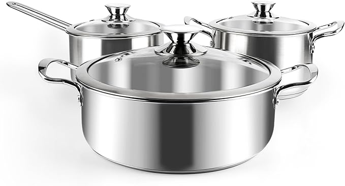 Stainless Steel Pots and Pans Set, 6 Piece Kitchen Induction Cookware Sets with Glass Lids, Works with Induction, Electric and Gas Cooktops, Non Toxic, Oven & Dishwasher Safe