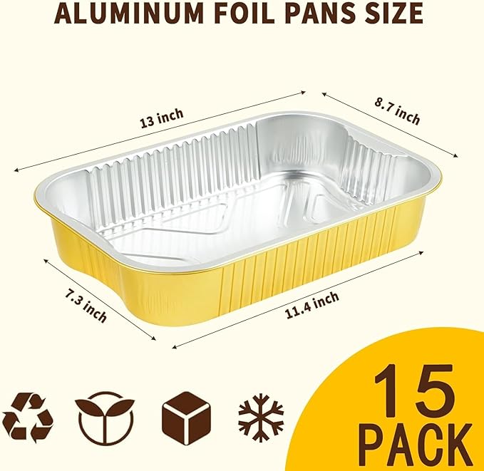 15 Pack Gold Aluminum Foil Pans with Lids 9x13, Extra Heavy Duty Aluminum Foil Baking Pans with Lids, Double Thick Half Size Tin Foil Food Container with Lids for Baking, Heating, Cooking