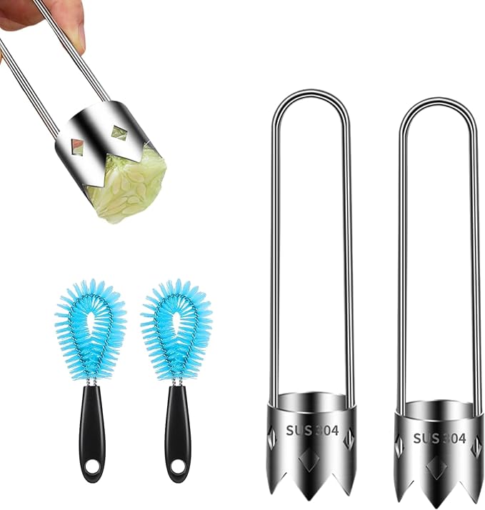 2pcs Pepper Seed Corer & 2pcs Cleaning Brush, Stainless Steel Fruit and Vegetable Corer Tool Fruit Core Remover Core Pit Remover for Pepper Tomato Apple (With Hole)