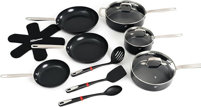 Guy Fieri's Flavortown 15-Piece Ceramic Cookware Set, Nonstick Pots and Pans for Cooking, Easy-Clean Kitchen Cookware, Made without PFAS PTFE PFOA, Induction Compatible, Oven & Dishwasher Safe, Black