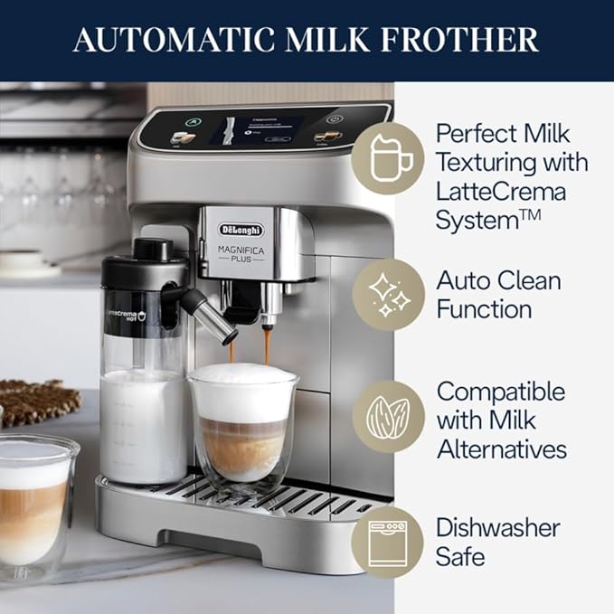 De'Longhi Magnifica Plus Fully Automatic Espresso Machine - Brew 18+ One Touch Coffee Recipes for up to 4 User Profiles, Automatic Milk Steam Wand & Built-in Grinder, Touchscreen Display