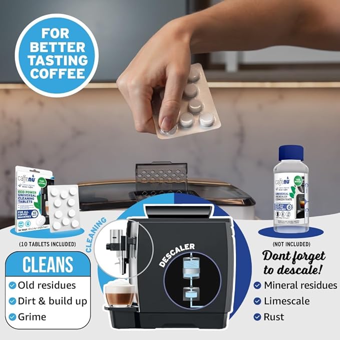 Coffee Machine Cleaner Tablets. 10 x 0.05 oz. Used Every 100 cups. Auto, Bean to Cup & One Touch Machine Cleaning Tablets. Used with Descaling