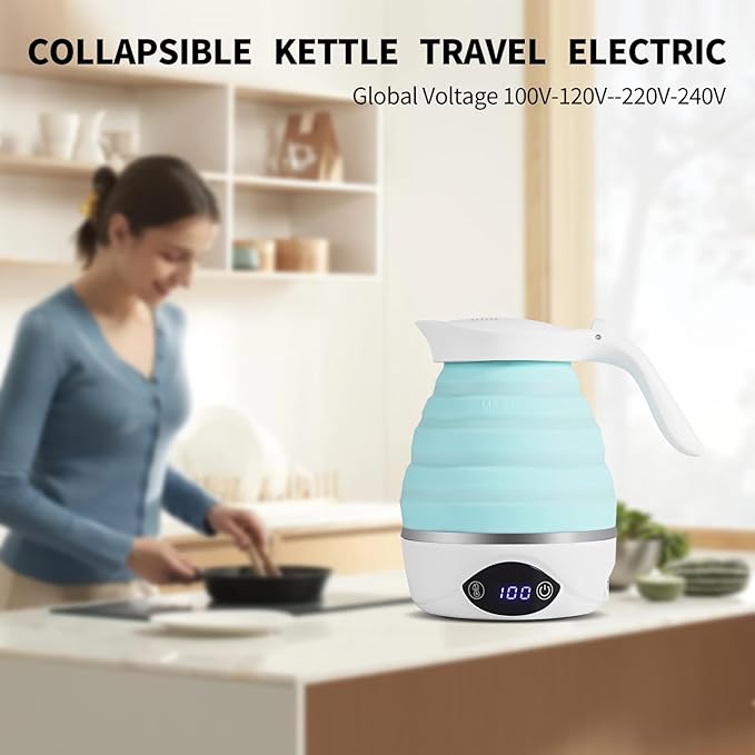 Collapsible Travel Kettle Electric Portable Foldable Kettle for Boiling Water, Suitable for 110V & 220V Dual Voltage, for Tea & Coffee, 850W Small Mini BPA-free Silicone Blue electric kettle