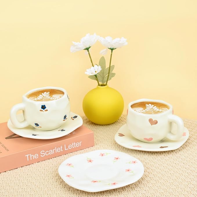 Koythin Ceramic Coffee Mug with Saucer Set, Cute Love Cup Unique for Office and Home, 10 oz/300 ml for Latte Tea Milk