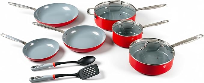 Guy Fieri's Flavortown 15-Piece Ceramic Cookware Set, Nonstick Pots and Pans for Cooking, Easy-Clean Kitchen Cookware, Made without PFAS PTFE PFOA, Induction Compatible, Oven & Dishwasher Safe, Red