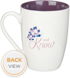 Christian Art Gifts Encouraging Scripture Ceramic Coffee & Tea Mug for Women: Be Still & Know Inspirational Psalm Bible Verse, Microwave & Dishwasher Safe, Novelty Cup, White & Purple Floral, 12 oz.