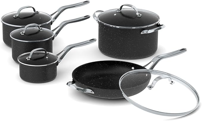 Starfrit The Rock 10PC Non-Stick Cookware Set - Durable Forged Aluminum - Oven Safe - PFOA Free - Easy to Clean - Black