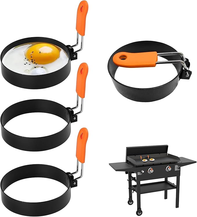 4 Pack Egg Ring Compatible with Blackstone Griddle, 3.5" Egg Rings with Silicone Handle, Round Nonstick Metal Eggs Molds for Frying Eggs, Portable Grill Accessories for Breakfast Omelette Sandwich
