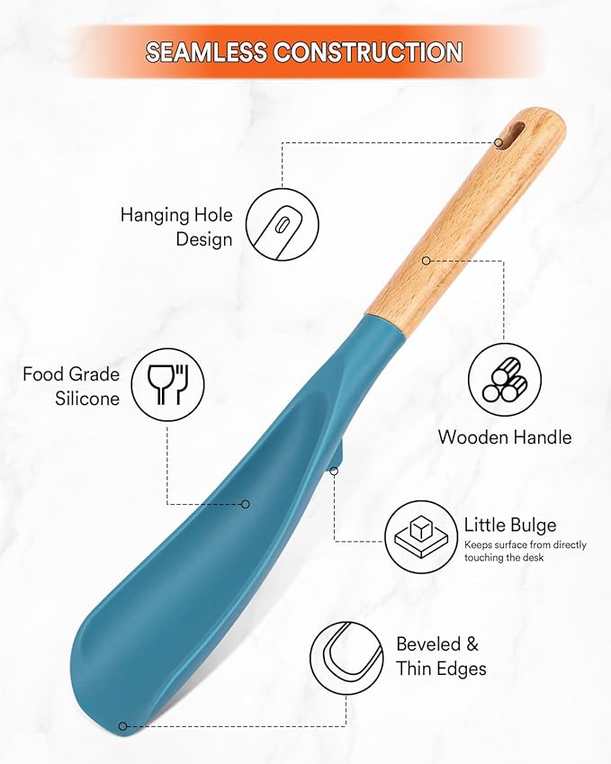 Cooking Spoon for Nonstick Cookwares, Great for Cooking and Serving Sturdy BPA-Free Matte Silicone, Wood Handle Spoon for Mixing, Scoop, and Scrape (TURQ)