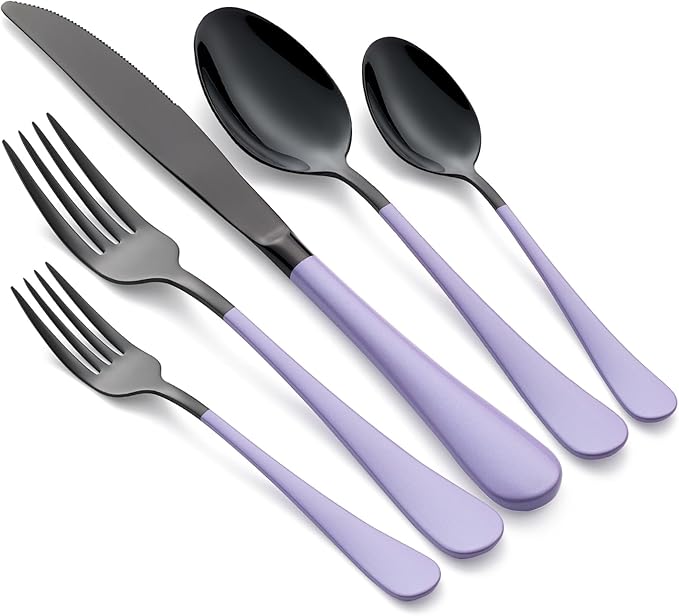 20-Pieces Purple and Black Silverware Sets for 4,Purple Handle Stainless Steel Cutlery Set, Include Forks Spoons and Knives Set, Dishwasher Safe Utensil Sets for Home Restaurant
