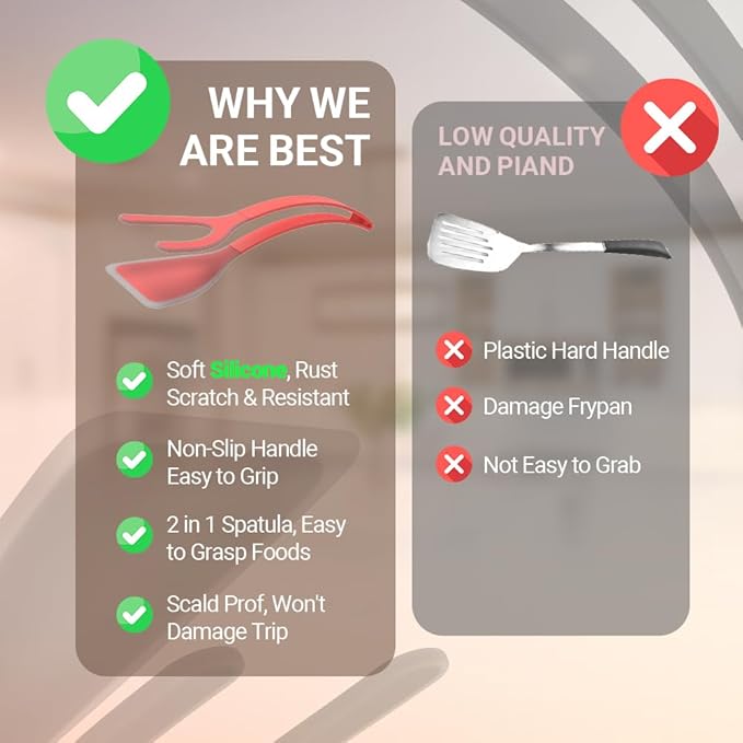 Silicone Egg Flipper Spatula Tongs (Set of 1) – Non-Stick 2-in-1 Grip & Flip Kitchen Tongs for Pancakes, Fish, Eggs, and More – Heat Resistant Cooking Tool (Black) (Red)