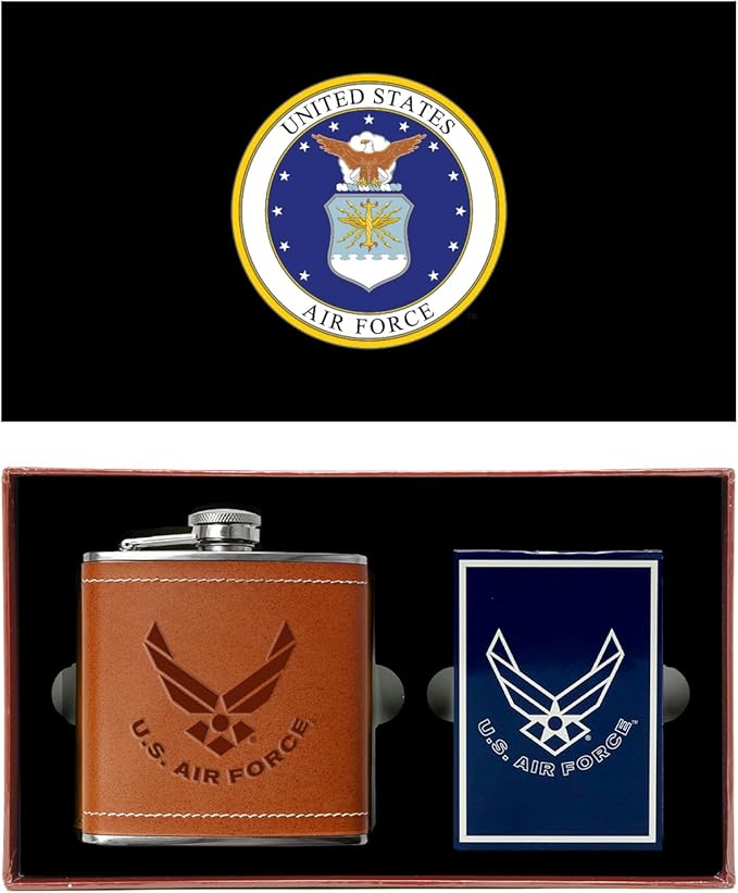 Air Force Flask & Card Gift Set - Leather-Wrapped USAF Flask with Rank Playing Cards | Disabled Vet Owned Business