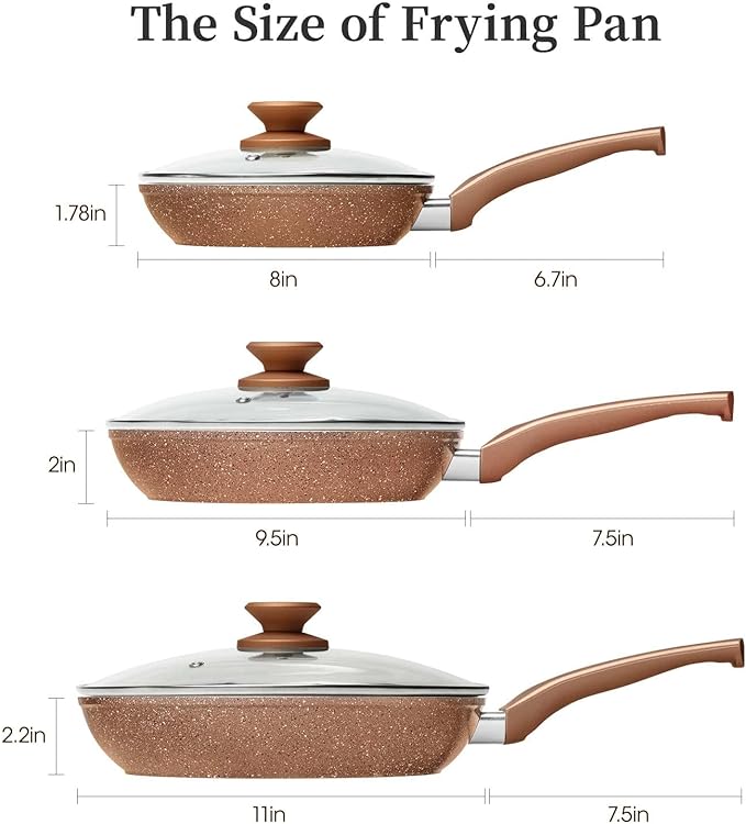 Healthy Nonstick Granite Cookware Set - 3 Pcs, Induction Skillets With Lids, PFOA Free, No Toxic Egg Omelette Frying Pan