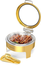 ROVSUN 6QT Gold Chafing Dishes for Buffet, Roll Top Chafing Dish Buffet Set, Round Chafers and Buffet Warmers Sets with Glass Lid & Serving Tong for Parties Weddings Catering Events Dinners