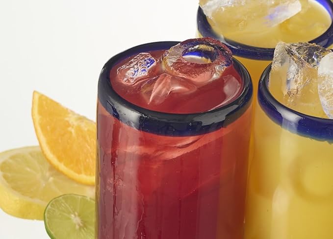 Corazón Bonito Handblown Mexican Glasses Set of 6, Blue Cobalt Rim Drinking Glasses, Artisan Crafted Glassware (17 oz each)