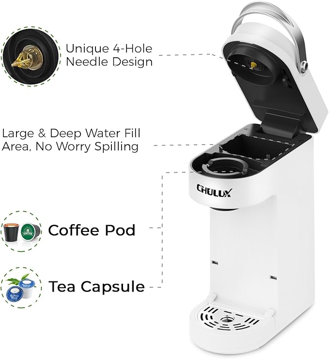 CHULUX Slim Single Serve Coffee Maker for K Pod, One Cup Coffee Maker Fits 7.3" Travel Mugs, Coffee Machine with 6 to 12oz Brew Sizes, Pearl White