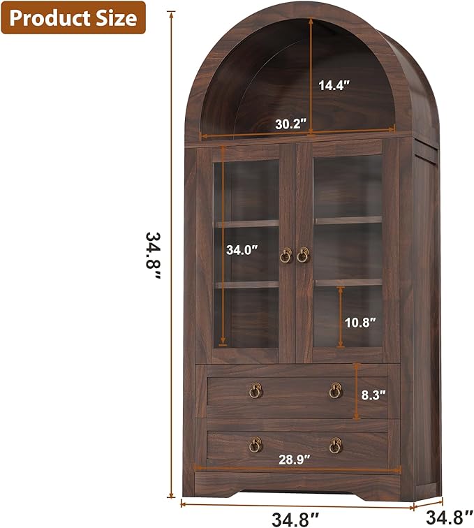 Kitchen Pantry Cabinet, Arched Bookshelf Bookcase China Pantry Storage Cabinet with Drawers Doors and Shelves,71“ Tall Food Pantry Funiture for Living Room,Dining Room (Walnut)