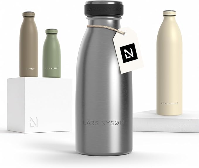 LARS NYSØM Stainless Steel Insulated Water Bottle 12oz 17oz 25oz 34oz 51oz | Insulated Thermo Flask for Hot and Cold Beverages | Leakproof Drinking Bottle (Stainless Steel, 11.9oz)