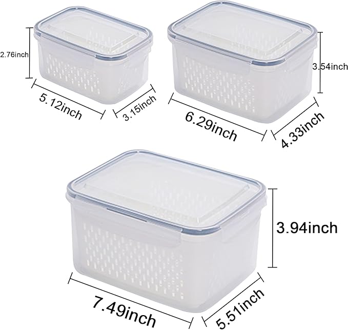 3Pack Fridge Food Storage Container Set with Lids with Strainer,Plastic Fresh Produce Saver Vegetable Fruit Meat Storage Organization, BPA-Free Plastic Produce Keepers(3.15L+1.7L+0.8L)