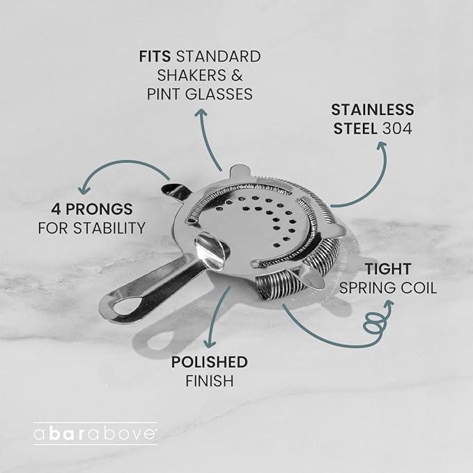 A Bar Above 4-Prong Cocktail Strainer, Stainless Steel Strainer with High-Density Spring for Smooth Drink Pouring, Fits Boston Shakers and Mixing Glasses, Bar Accessories, Black