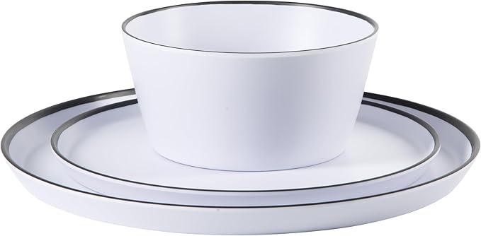 Gibson Home Folsom Shores 12 Piece Unbreakable Modern Melamine Plates and Bowls Dinnerware Set - Outdoor, Camping, & Everyday Use - White W/Black Rim