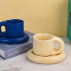 Koythin Ceramic Coffee Chubby Mug Saucer Set, Creative Cute Fat Handle Cup with Saucer for Office and Home, Dishwasher and Microwave Safe, 10 oz for Latte Tea Milk (Milky Apricot)