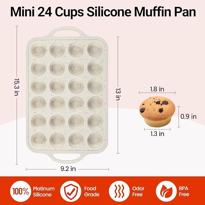 Mini Muffin Pan, Metal Reinforced Frame Mini Cupcake Pans 24 Cups Nonstick Muffin Silicone Molds with Handle for Baking Muffins, Cupcakes, Egg Bites 2 Pack