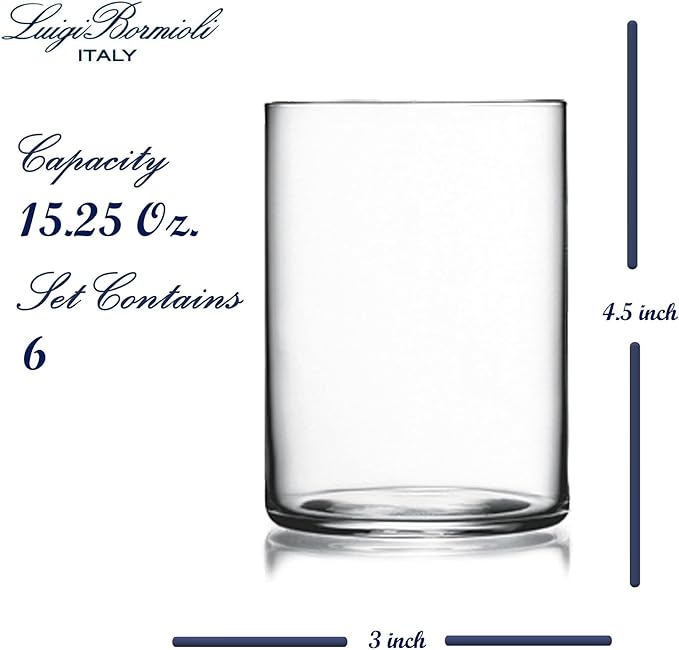 Luigi Bormioli Top Class 15.25 oz All Purpose Glasses - Set of 6 Durable Lead-Free Crystal Drinkware with Reinforced Rims & Minimalist Design - Elegant Glassware for Home or Bar Use