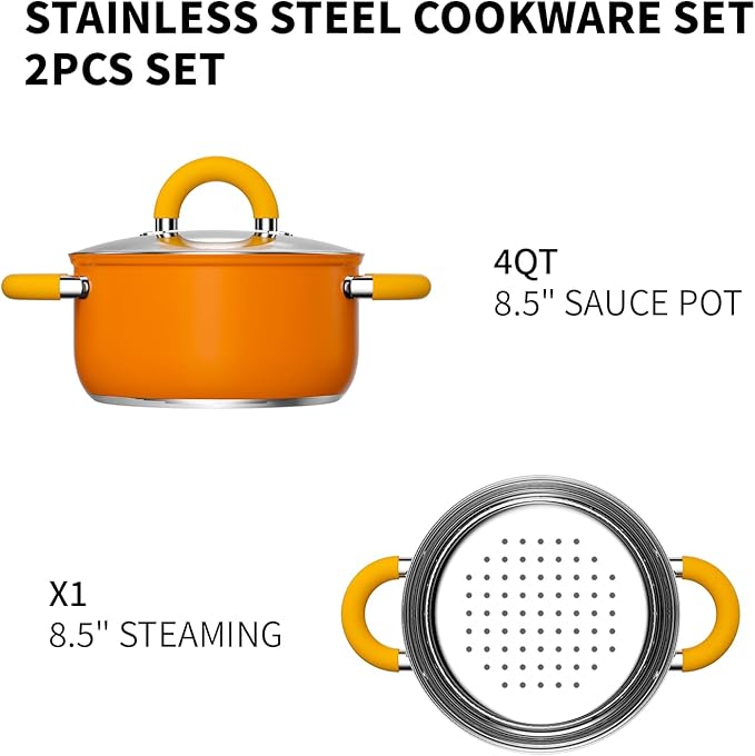 4 QT Steamer for Cooking, Vegetable Steamer Pot, 18/8 Stainless Steel Oranger Pot with Lid and Steaming Basket, Compatible with All Stovetops, Dishwasher Safe