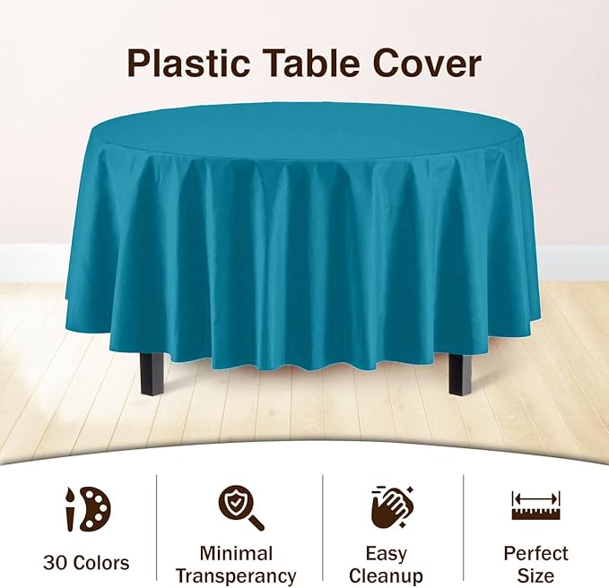 Exquisite Party Solids 12-Pack Premium Plastic Tablecloth 84in. Round Table Cover - Turquoise