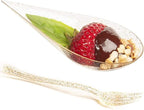 DLux 100 4-in Tear Drop Mini Appetizer Plates with Forks, Reusable Gold Glitter Clear Plastic Spoon - Dessert and Appetizers Dishes Serving Plate - Asian Spoon Set, Small Catering Dessert Tasting Cups