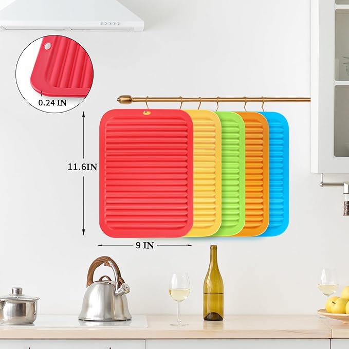 5 Pack Silicone Trivets for Hot Pots and Pans, 9 * 12Inch SiliconeTrivet for HotDishes, Colorful Heat Resistant Silicone Mat, Non-Slip Hot Pads Pot Holders for Kitchen Counter Hot Plate Mat