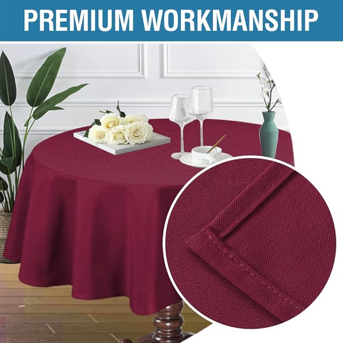 H.VERSAILTEX Linen Textured Table Cloths Round 60 Inch Premium Solid Tablecloth Spill-Proof Waterproof Table Cover for Dining Buffet Feature Extra Soft and Thick Fabric Wrinkle Free, Christmas Red