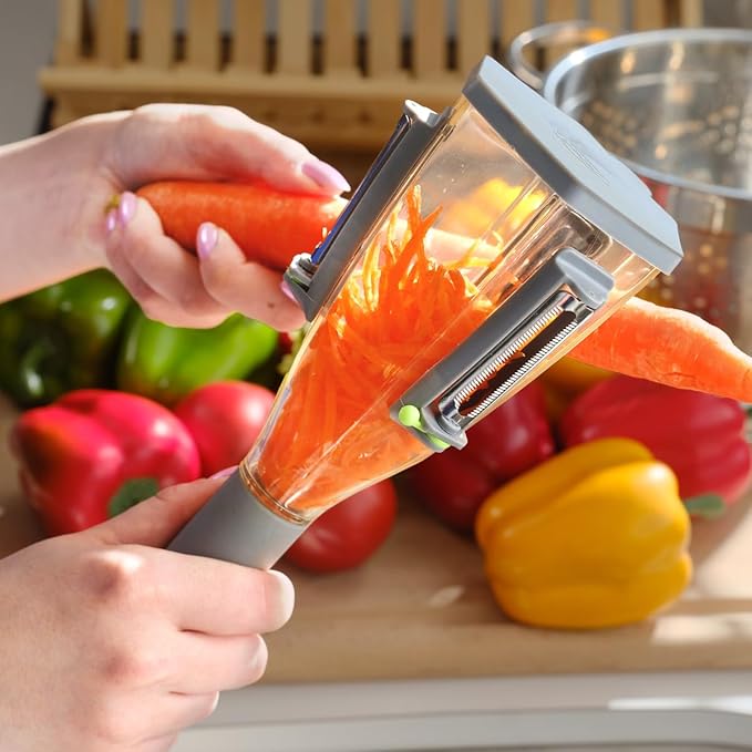 Jokari Catch-All™ Peeler - 3-Blade Vegetable Peeler with Peel Catcher, Straight Edge, Julienne, Serrated Blades, Non-Slip Grip, Dishwasher Safe for Fruits & Vegetables
