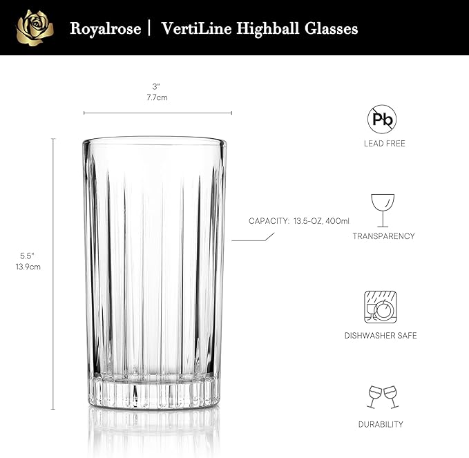 Premium VertiLine 13.5oz Highball Glasses, 6pc Tall Glass Sets. Lead-Free Crystal Drinking Glasses. Water Glasses, Mojito Glass Cups, and Mixed Drink Cocktail Glass Set. (Tall glasses)