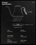 Cocinare FLOW B9 Gooseneck Electric Kettle, Precise Temperature Control for Pour-Over Coffee & Tea Brewing, Stainless Steel Interior, Rapid Heating for Boiling Water 1500W/0.9L (Black Wooden)