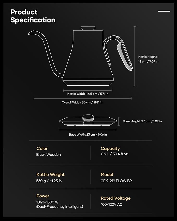 Cocinare FLOW B9 Gooseneck Electric Kettle, Precise Temperature Control for Pour-Over Coffee & Tea Brewing, Stainless Steel Interior, Rapid Heating for Boiling Water 1500W/0.9L (Black Wooden)